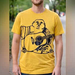 True Religion XL Buddha Guitar Graphic T-Shirt – Mustard Yellow 🔥
